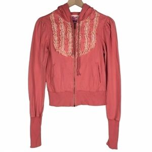 FREE PEOPLE Hoodie Jacket Ruffle Lace Floral Full Zip Boho Cottagecore Size XS